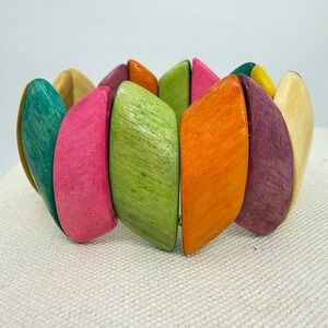 Wood Stretch Bracelet Chunky Boho Diamond Shape Multicolor Rainbow Wooden Bangle